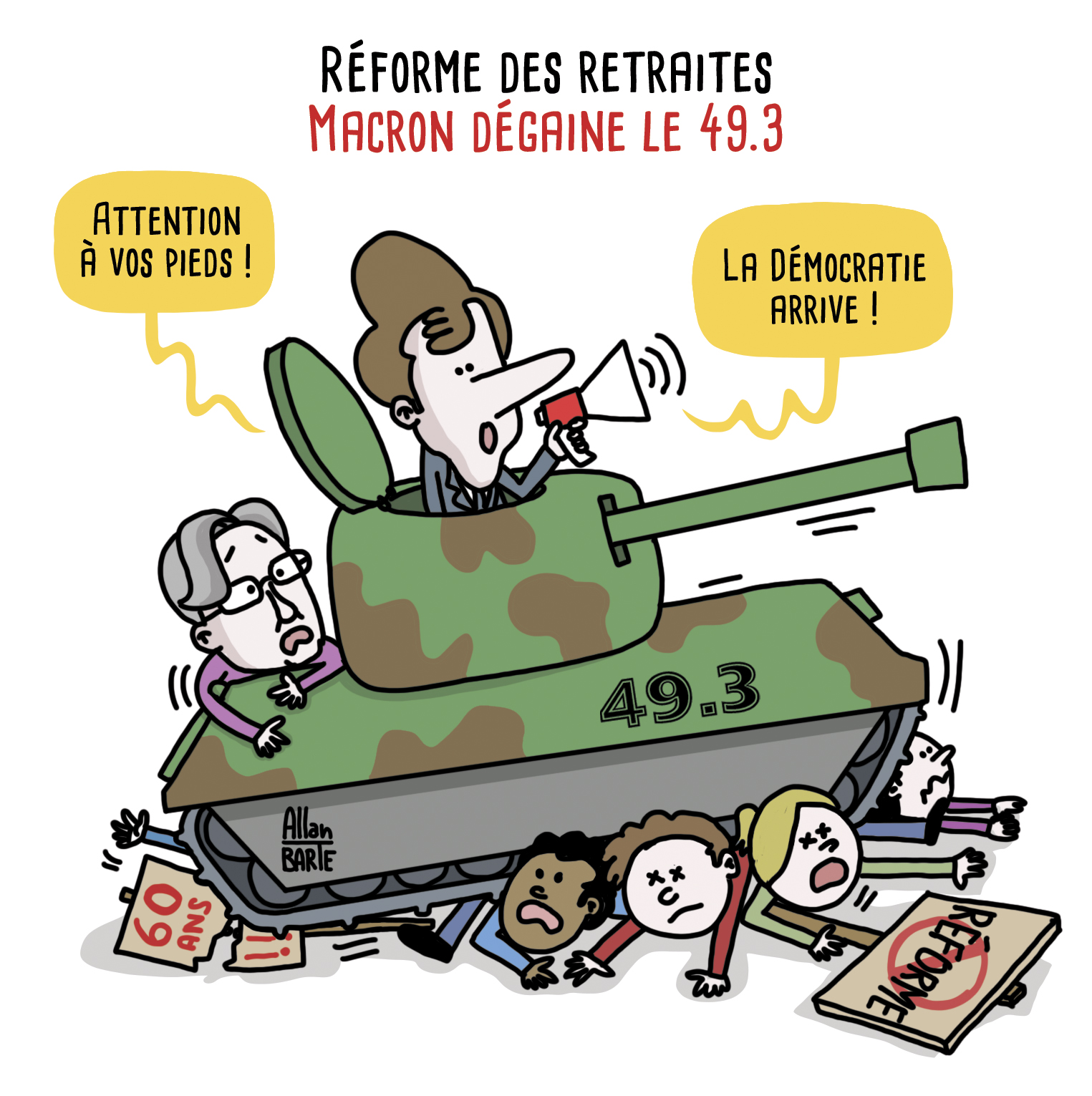 Dessin humoristique d'Allan Barte sur la réforme des retraites