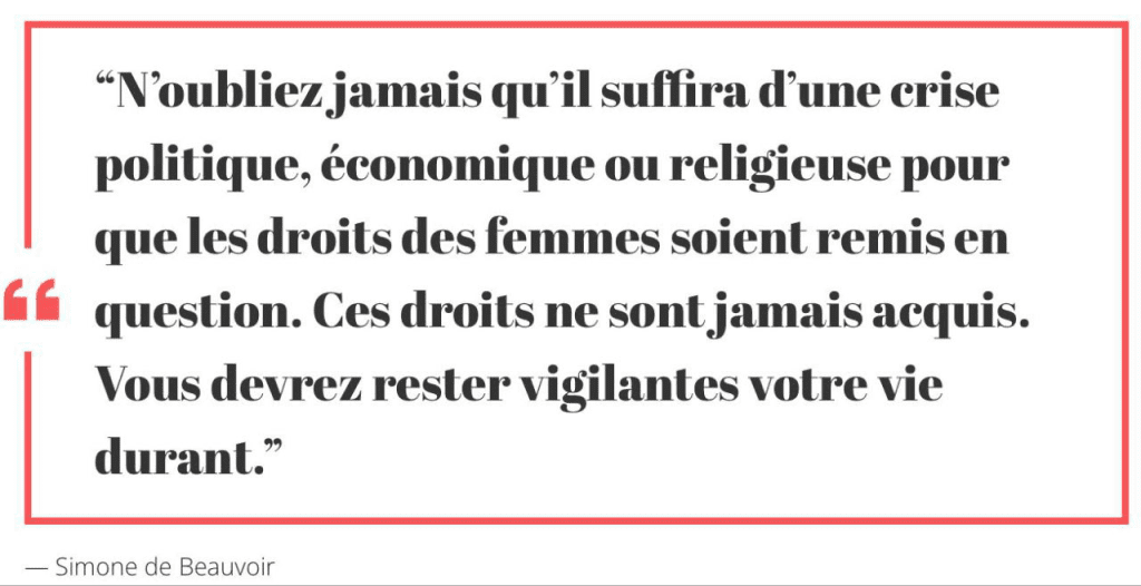 Citation Simone de Beauvoir : N'oubliez jamais qu'il suffira d'une crise politique, économique ou religieuse pour que les droits des femmes soient remis en question. Ces droits ne sont jamais acquis. Vous devez rester vigilantes votre vie durant.