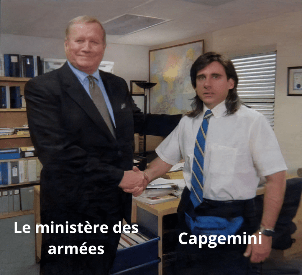 meme issu de "the office" : Le ministère des armées serrant la main de Capgemini.