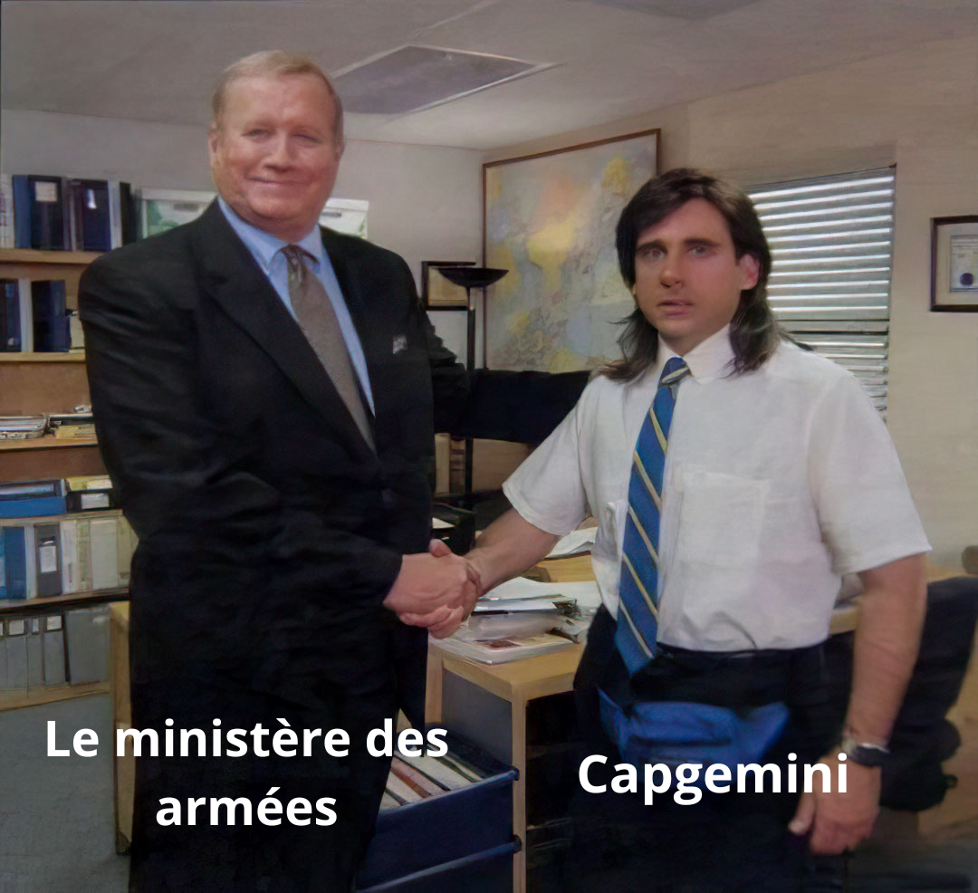 meme issu de "the office" : Le ministère des armées serrant la main de Capgemini.