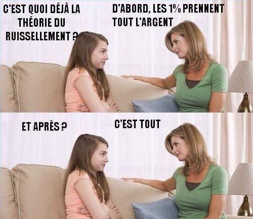 Meme : C'est quoi déjà la théorie du ruissellement ? D'abord, les 1% prennent tout l'argent. Et après ? C'est tout.