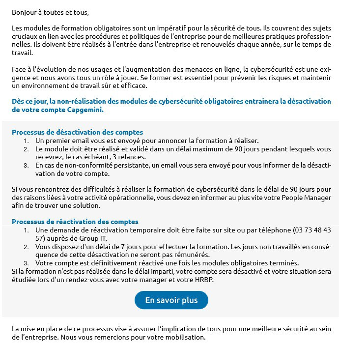 Mail reçu menaçant de suspension du compte si on ne fait pas les formations obligatoires.