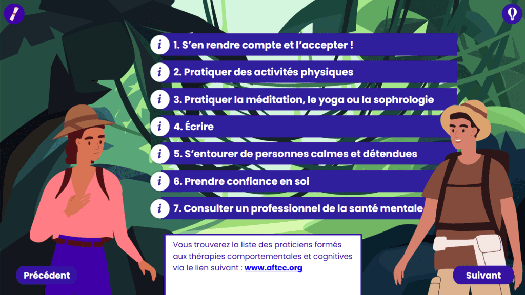 Formation Odyssée de la santé mentale. Diapo qui propose des solutions pour se sentir mieux lorsqu'on est anxieux, comme "s'en rendre compte", pratiquer la sophrologie (!!!) ou consulter un pro de la santé