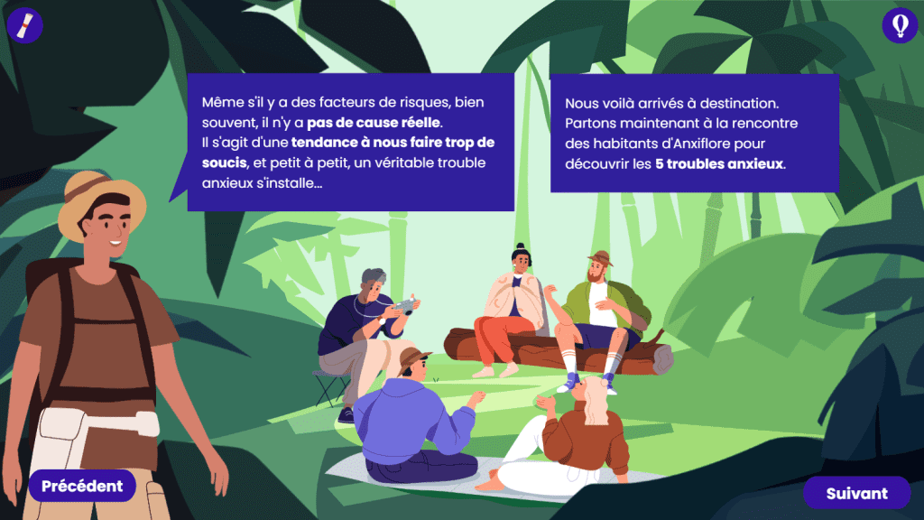 Formation Odyssée de la santé mentale. Focus sur une bulle qui explique que "bien qu'il y ait des facteurs de risques, bien souvent il n'y a pas de cause réelle au trouble anxieux"...