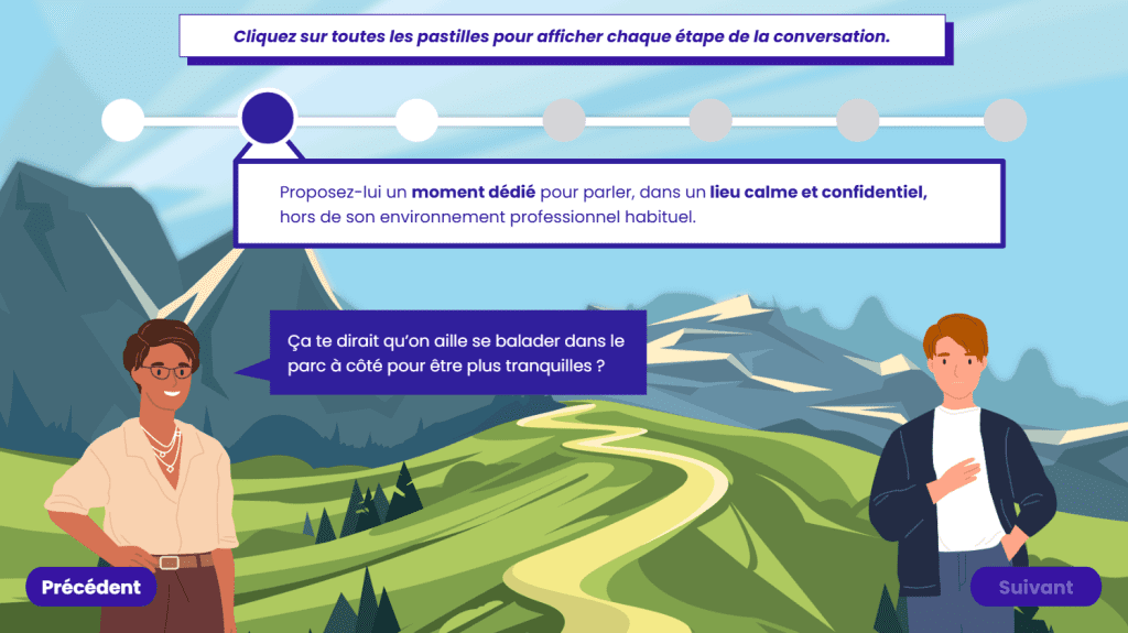 Formation Odyssée de la santé mentale. Diapositive dans laquelle un manager propose à un·e salarié·e anxieux·se de discuter hors de l'entreprise.