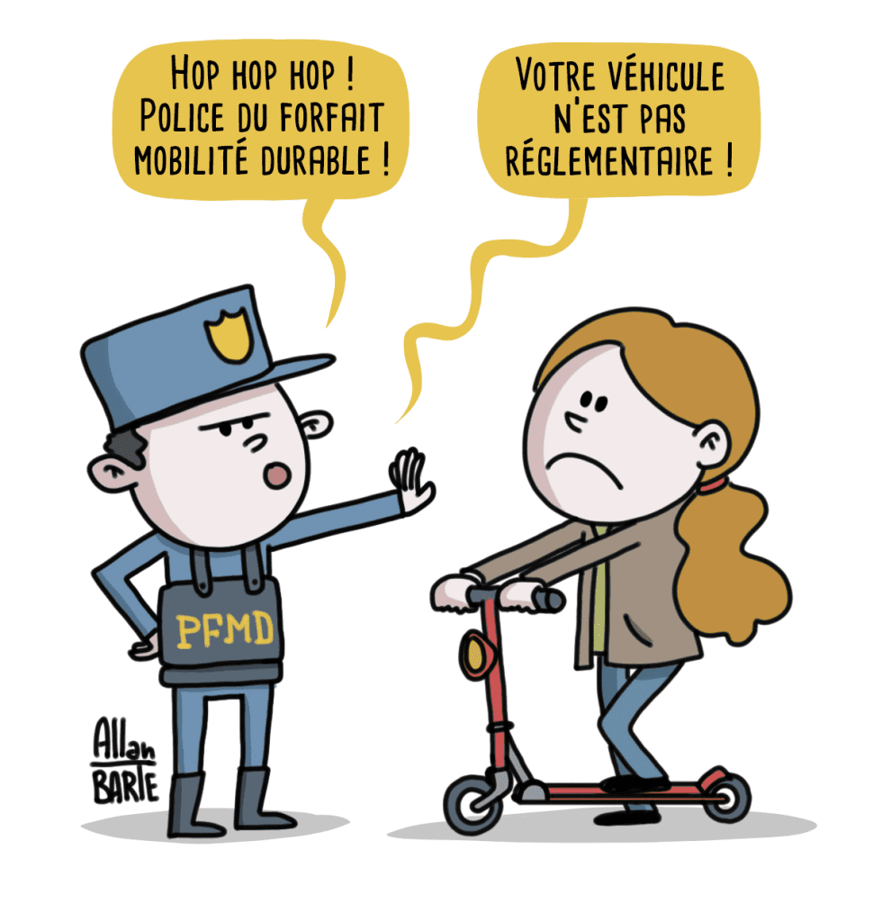 Dessin humoristique d'Allan Barte : UN policier arrête une salariée en trotinette électrique : "Hop hop hop, Police du forfait mobilité durable. Votre véhicule n'est pas réglementaire"