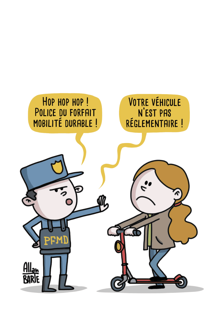 Dessin humoristique d'Allan Barte : UN policier arrête une salariée en trotinette électrique : "Hop hop hop, Police du forfait mobilité durable. Votre véhicule n'est pas réglementaire"