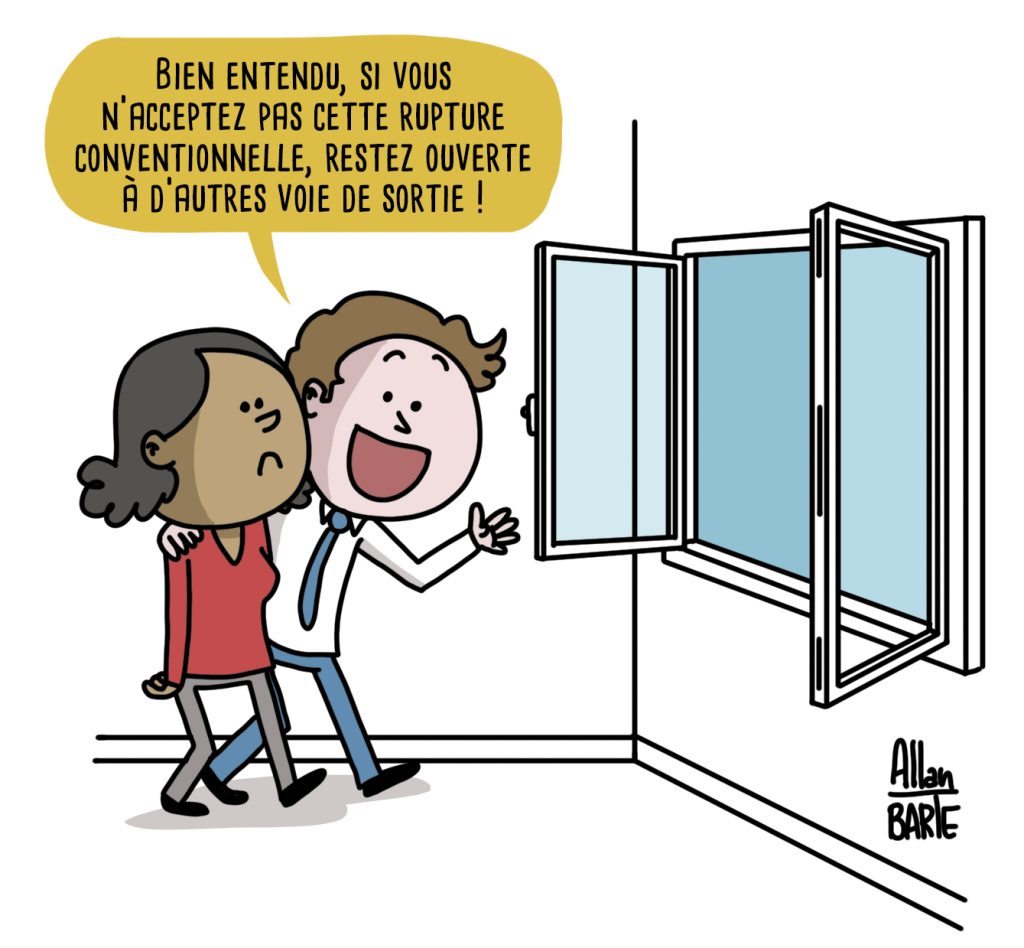 Dessin humoristique d'Allan Barte : un manager montre la fenêtre ouverte à une salariée de Capgemini et lui dit : "Bien entendu, si vous n'acceptez pas cette rupture conventionnelle, restez ouverte à d'autres voies de sortie !"