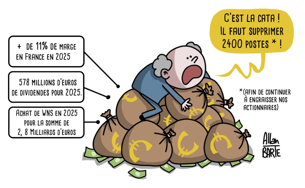 Dessin humoristique d'Allan Barte. Un patron sur un tas de sacs de billets. +11% de marge en 2025, 578 Millions de dividendes pour 2025, Achat de WMS pour 2,8 Milliards d'euros. "C'est la cata ! Il faut supprimer 2400 postes !" * * (Afin de continuer à engraisser nos actionnaires).
