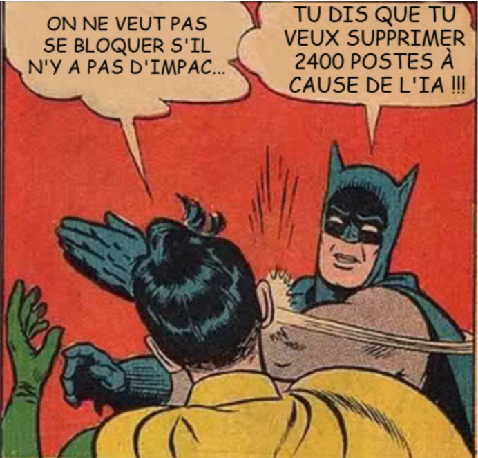 Meme Batman met une claque à Robin… "On ne veut pas se bloquer s'il n'y a pas d'impac…" "Tu dis que tu veux supprimer 2400 postes à cause de l'IA !!"