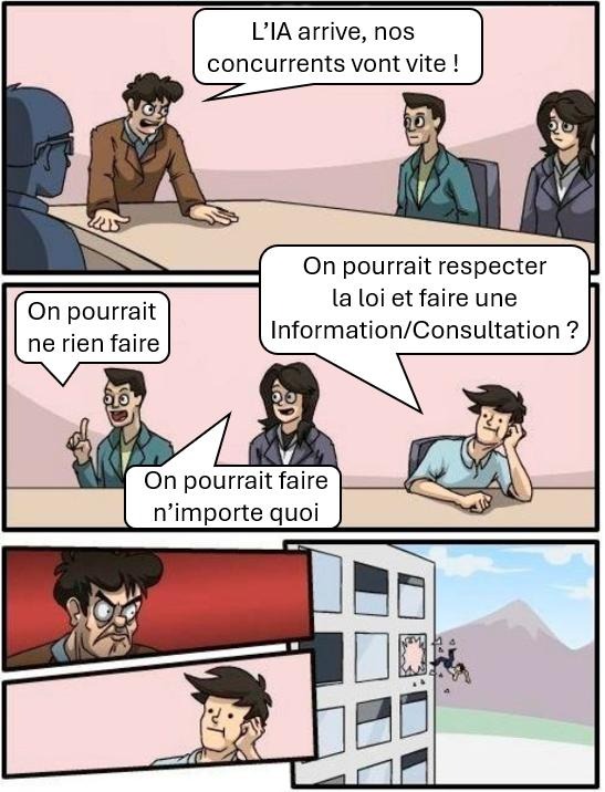 Meme Au bureau : Le patron : "l'IA arrive, nos concurrents vont vite ! " Les OS : "n pourrait ne rien faire" - " On pourrait faire n'importe quoi" La CGT : "On pourrait respecter la loi et faire une info/consultation ?"