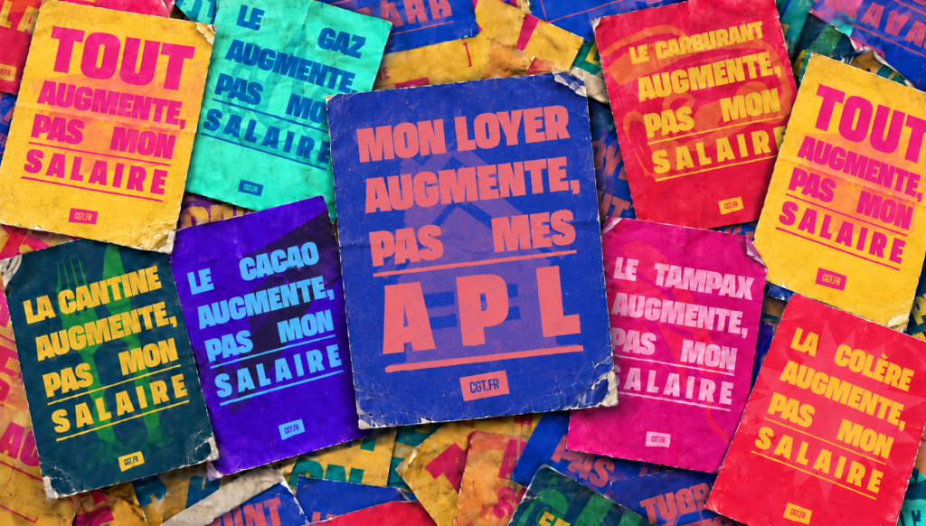 Patchwork d'affiches sur tout ce qui augmente… sauf les salaires.
